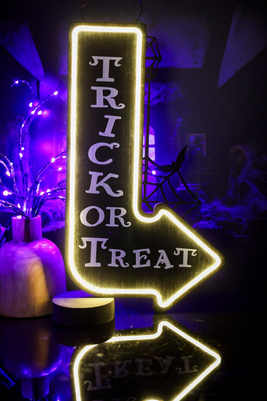 Trick or Treat Hanging Sign With Neon Outline - Whiskey Skies - SPECIAL T IMPORTS INC