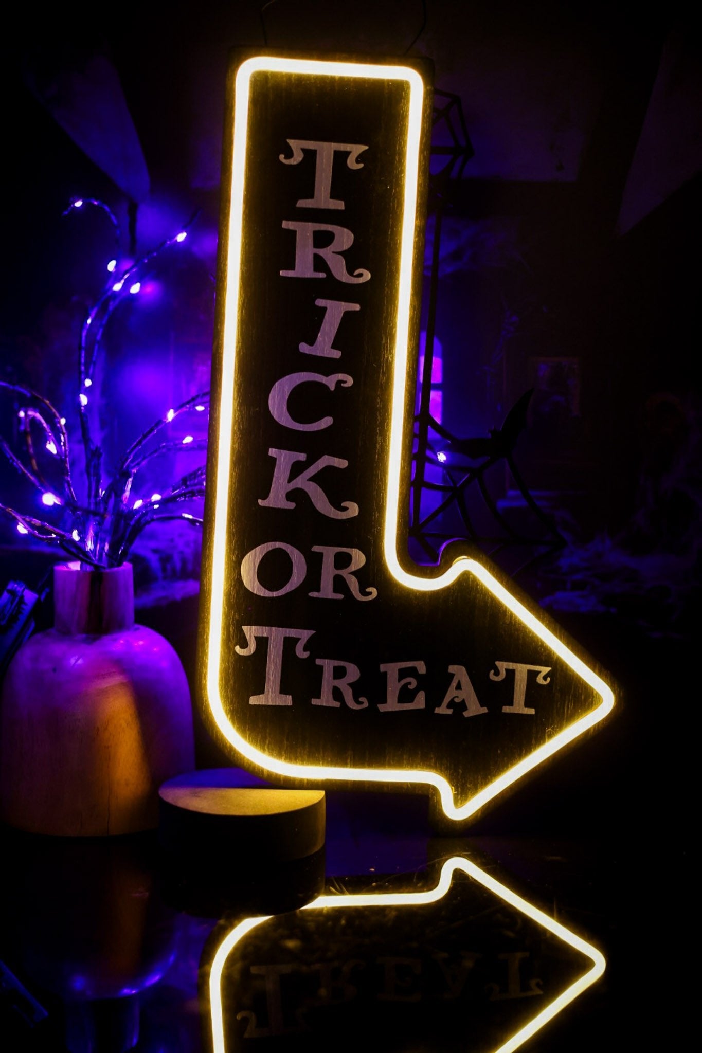Trick or Treat Hanging Sign With Neon Outline - Whiskey Skies - SPECIAL T IMPORTS INC