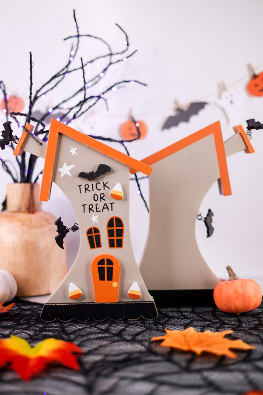 "Trick Or Treat" Haunted House Wooden Sitter - Whiskey Skies - ADAMS & CO