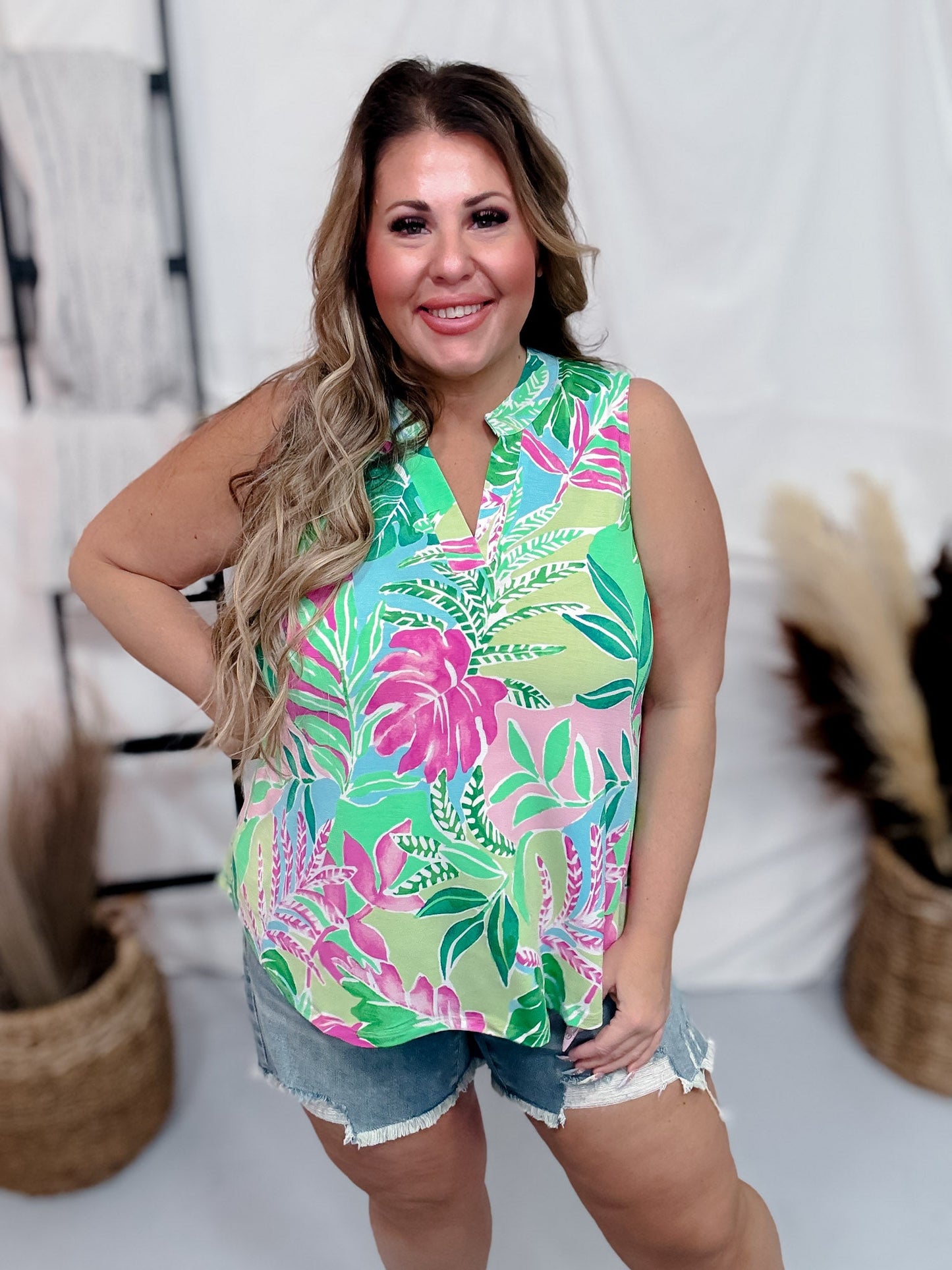 Tropical Botanical Print Lizzy A - Line Tank Top - Whiskey Skies - DEAR SCARLETT