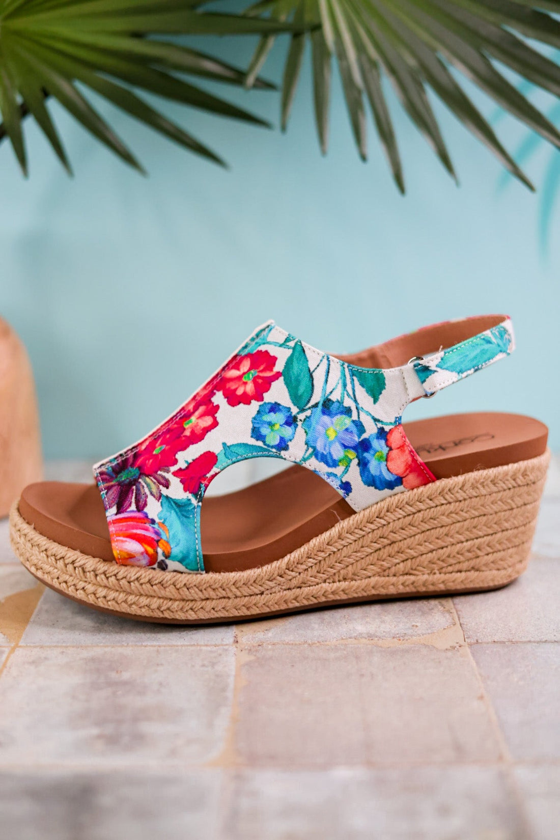 Tropical Floral Carley Wedges with Jute Heel - Whiskey Skies - CORKYS FOOTWEAR