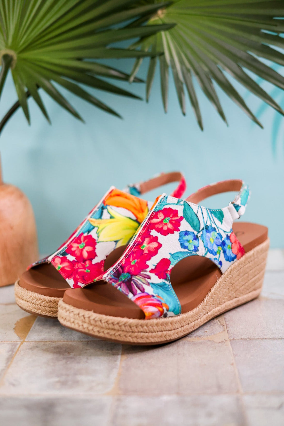 Tropical Floral Carley Wedges with Jute Heel - Whiskey Skies - CORKYS FOOTWEAR