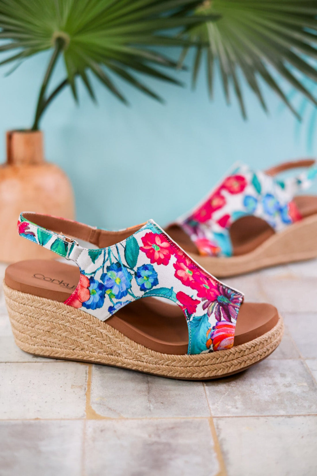 Tropical Floral Carley Wedges with Jute Heel - Whiskey Skies - CORKYS FOOTWEAR