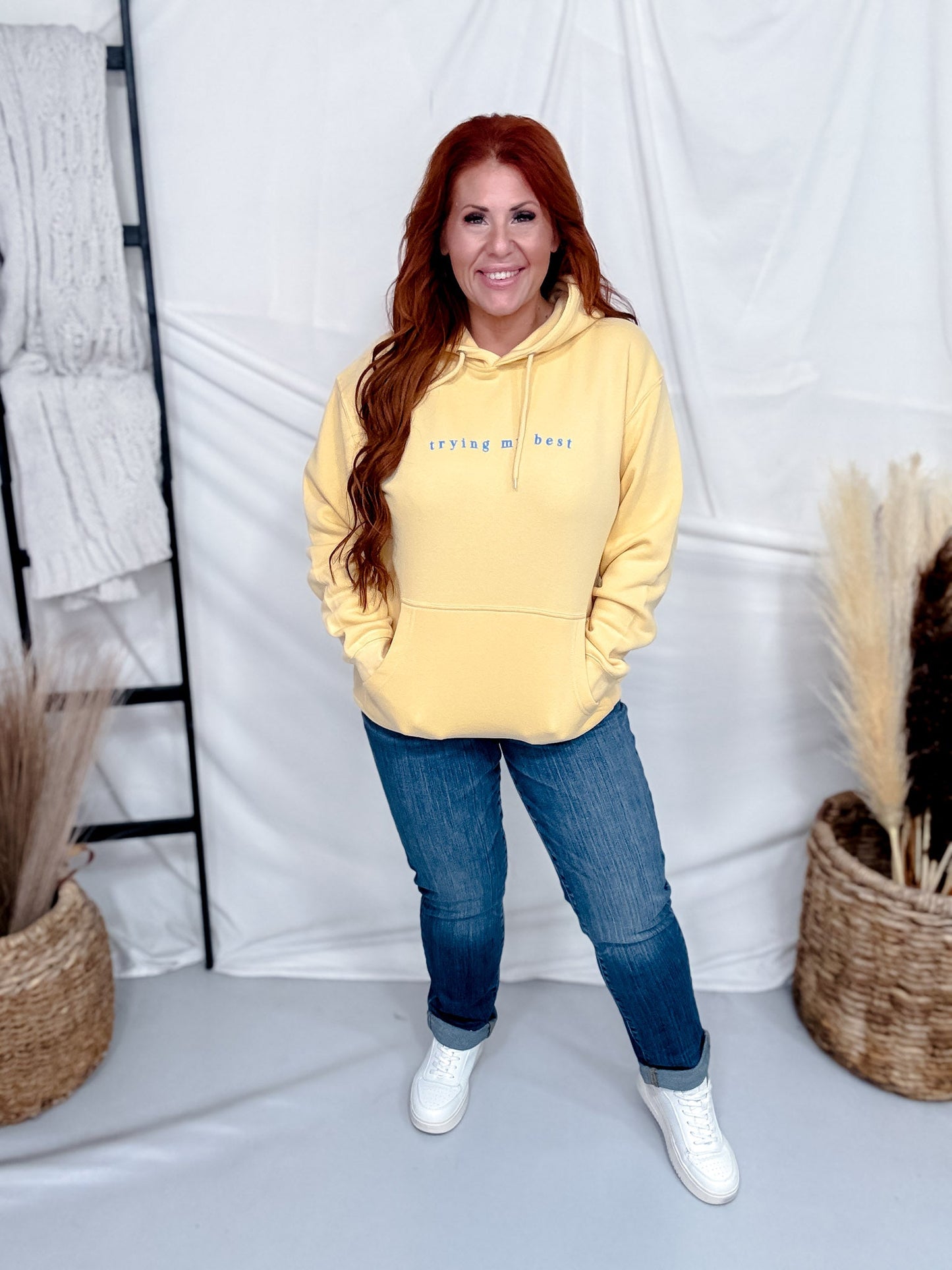 "Trying My Best" Light Yellow Hoodie - Whiskey Skies - SOUTHERN BLISS COMPANY