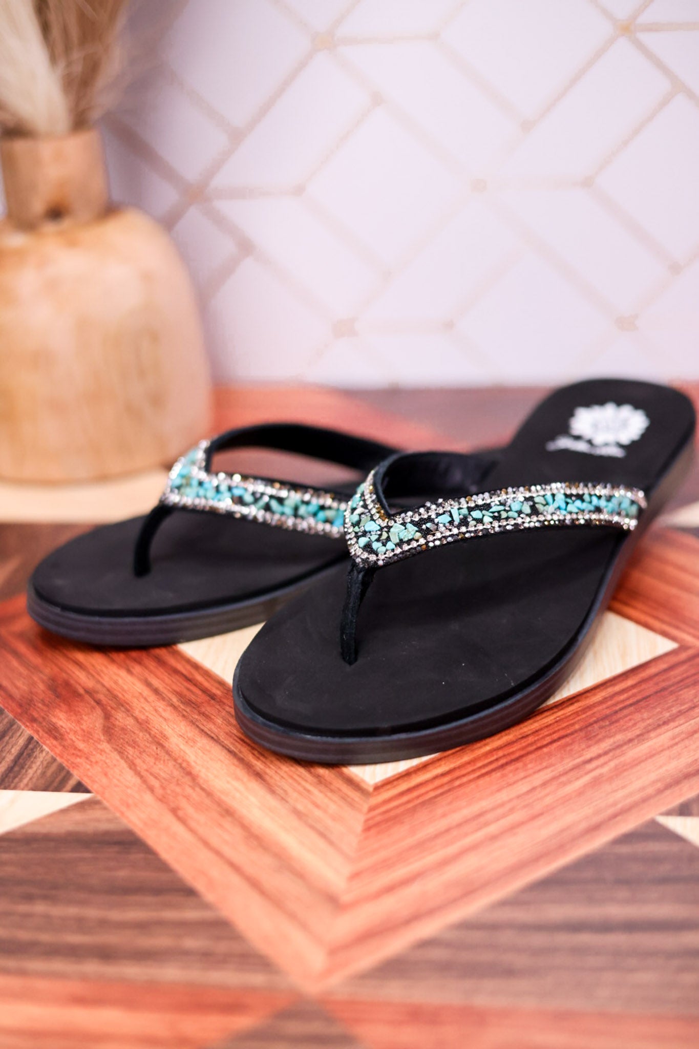 Tumbled Gemstone Turquoise "Diyah" Sandals - Whiskey Skies - YELLOWBOX
