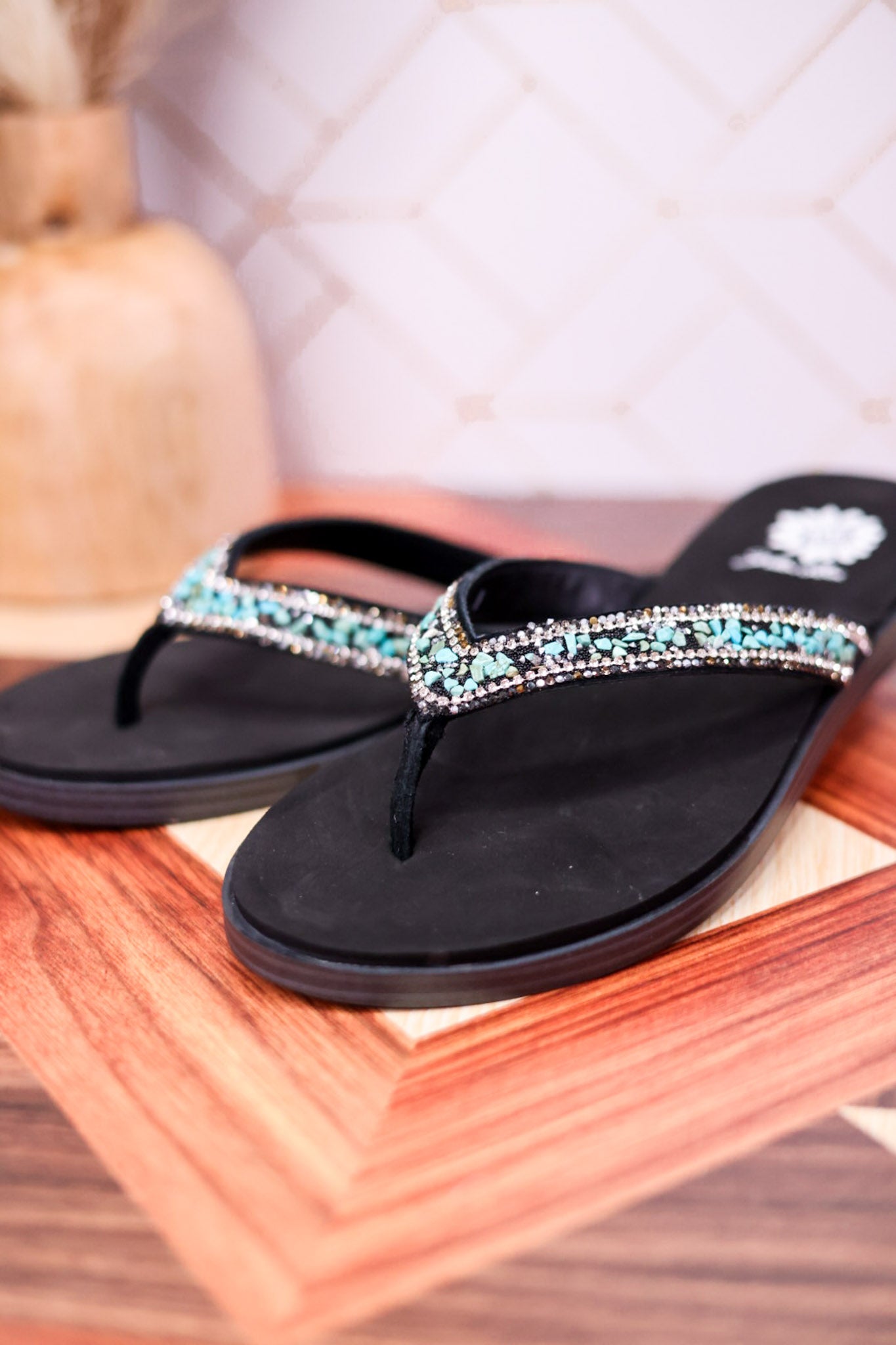 Tumbled Gemstone Turquoise "Diyah" Sandals - Whiskey Skies - YELLOWBOX