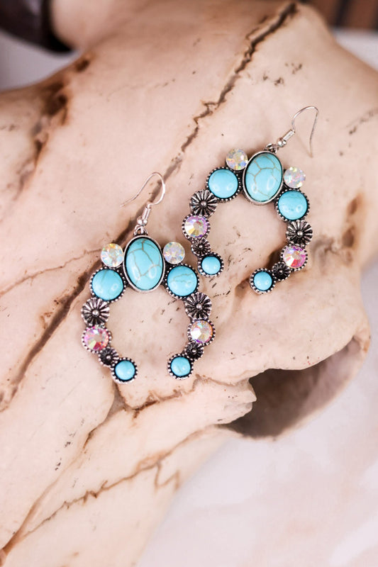 Turquoise And Iridescent Stone Squash Blossom Drop Earrings - Whiskey Skies - BOHO RANCH SHOP