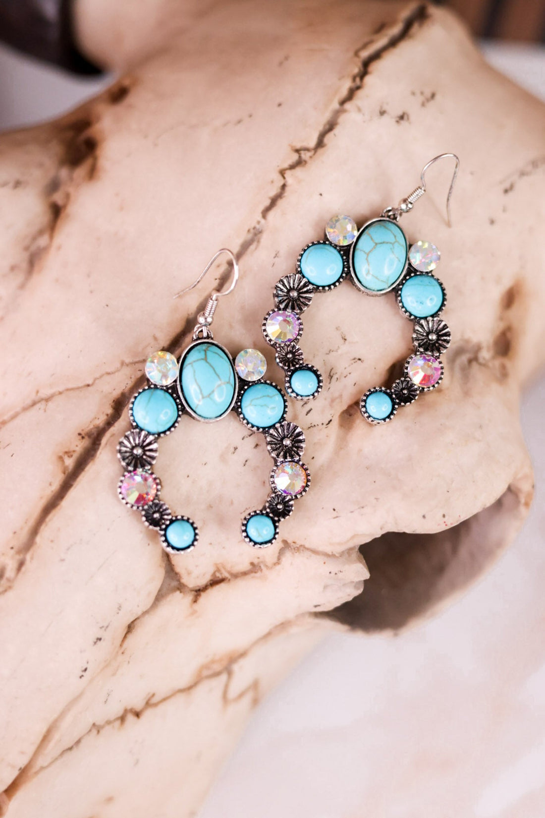 Turquoise And Iridescent Stone Squash Blossom Drop Earrings - Whiskey Skies - BOHO RANCH SHOP