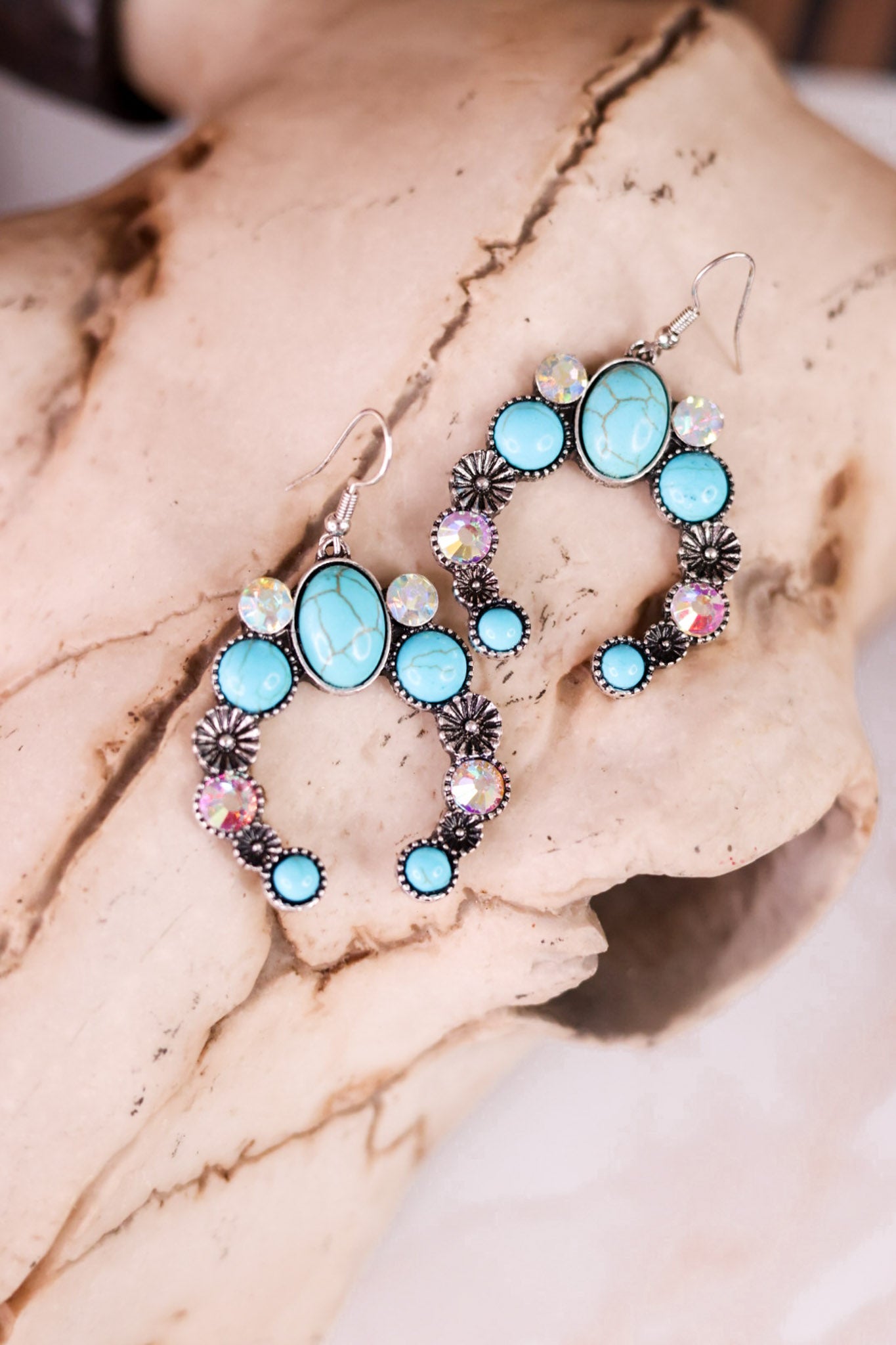 Turquoise And Iridescent Stone Squash Blossom Drop Earrings - Whiskey Skies - BOHO RANCH SHOP