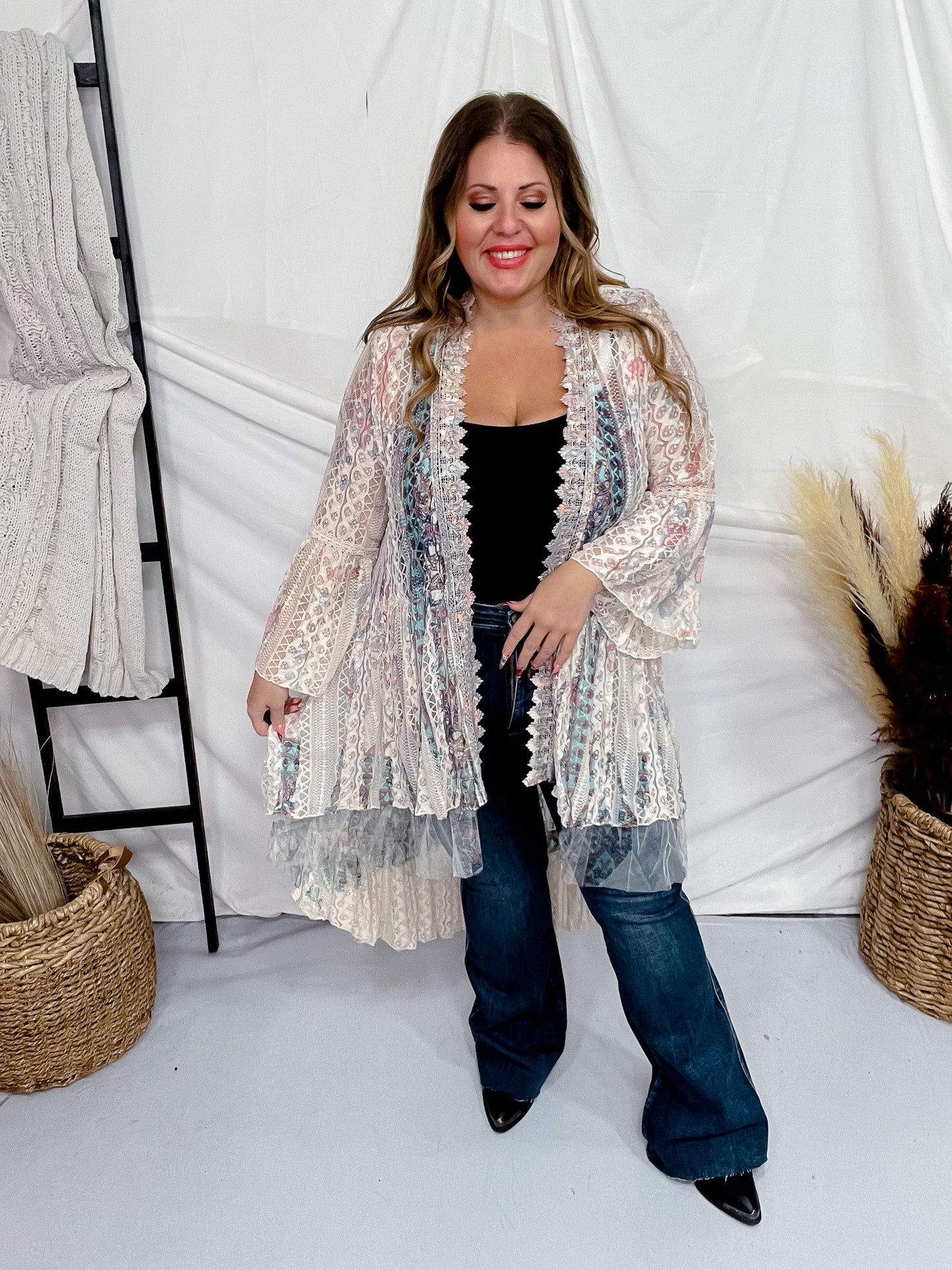 Turquoise and Taupe Boho Lace Cardigan - Whiskey Skies - ORIGAMI APPAREL