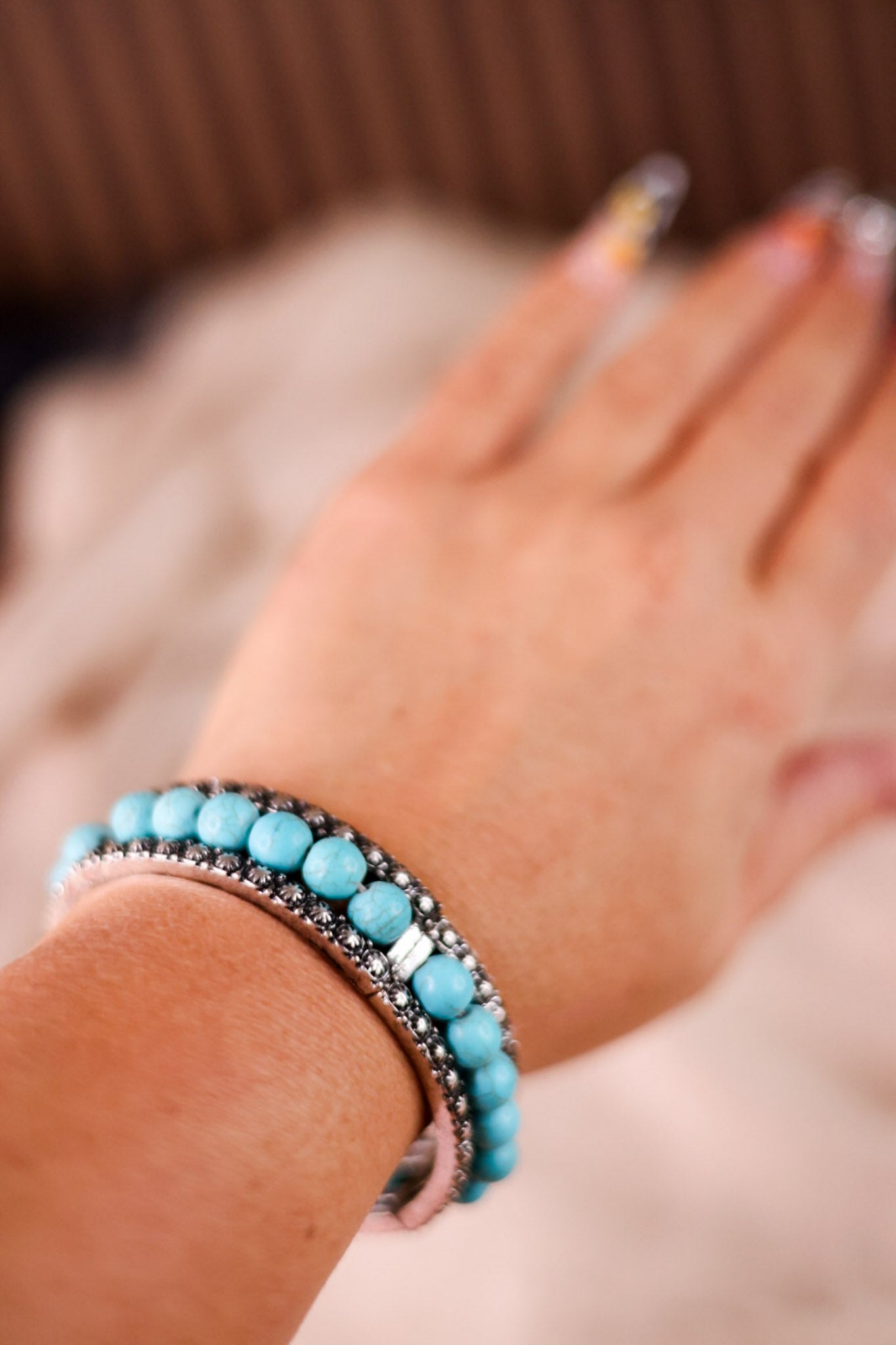 Turquoise Beaded Bracelet with Concho Border - Whiskey Skies - BOHO RANCH SHOP