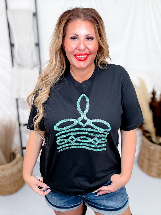 Turquoise Boot Stitch Graphic Tee - Whiskey Skies - ALI DEE