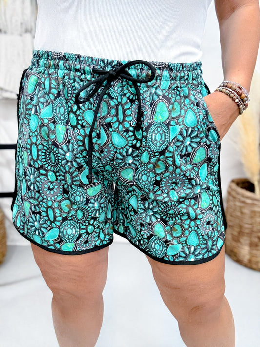 Turquoise Charm Long Length Drawstring Shorts - Whiskey Skies - STERLING KREEK