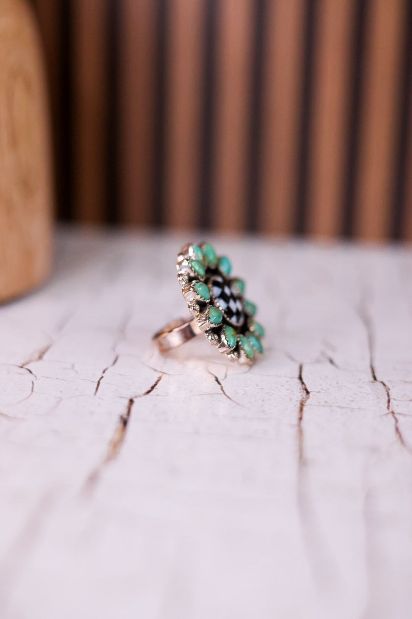 Turquoise & Checkered Sunflower Ring - Whiskey Skies - KRUSH KANDY