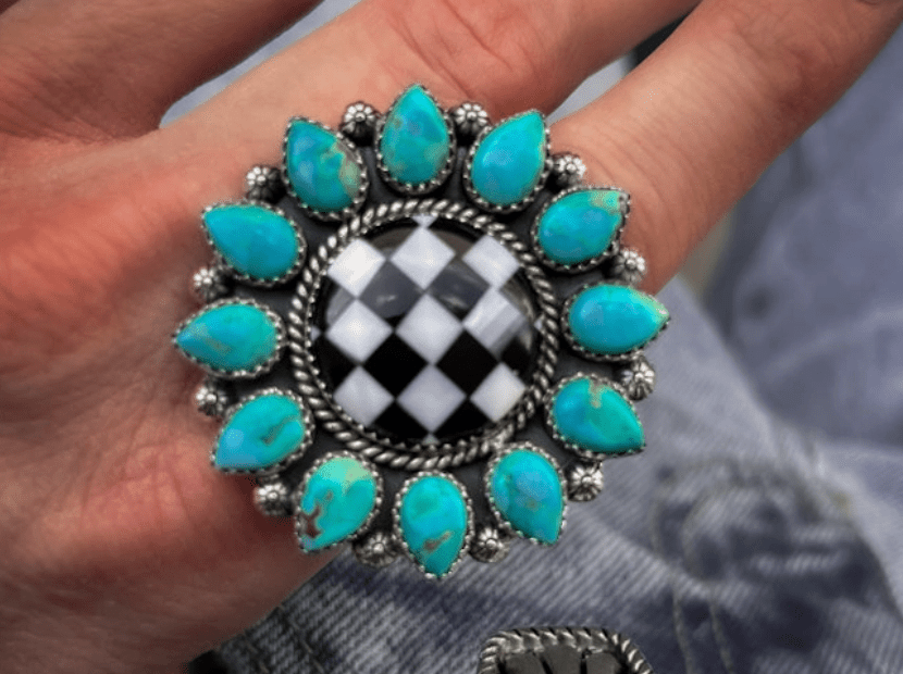 Turquoise & Checkered Sunflower Ring - Whiskey Skies - KRUSH KANDY