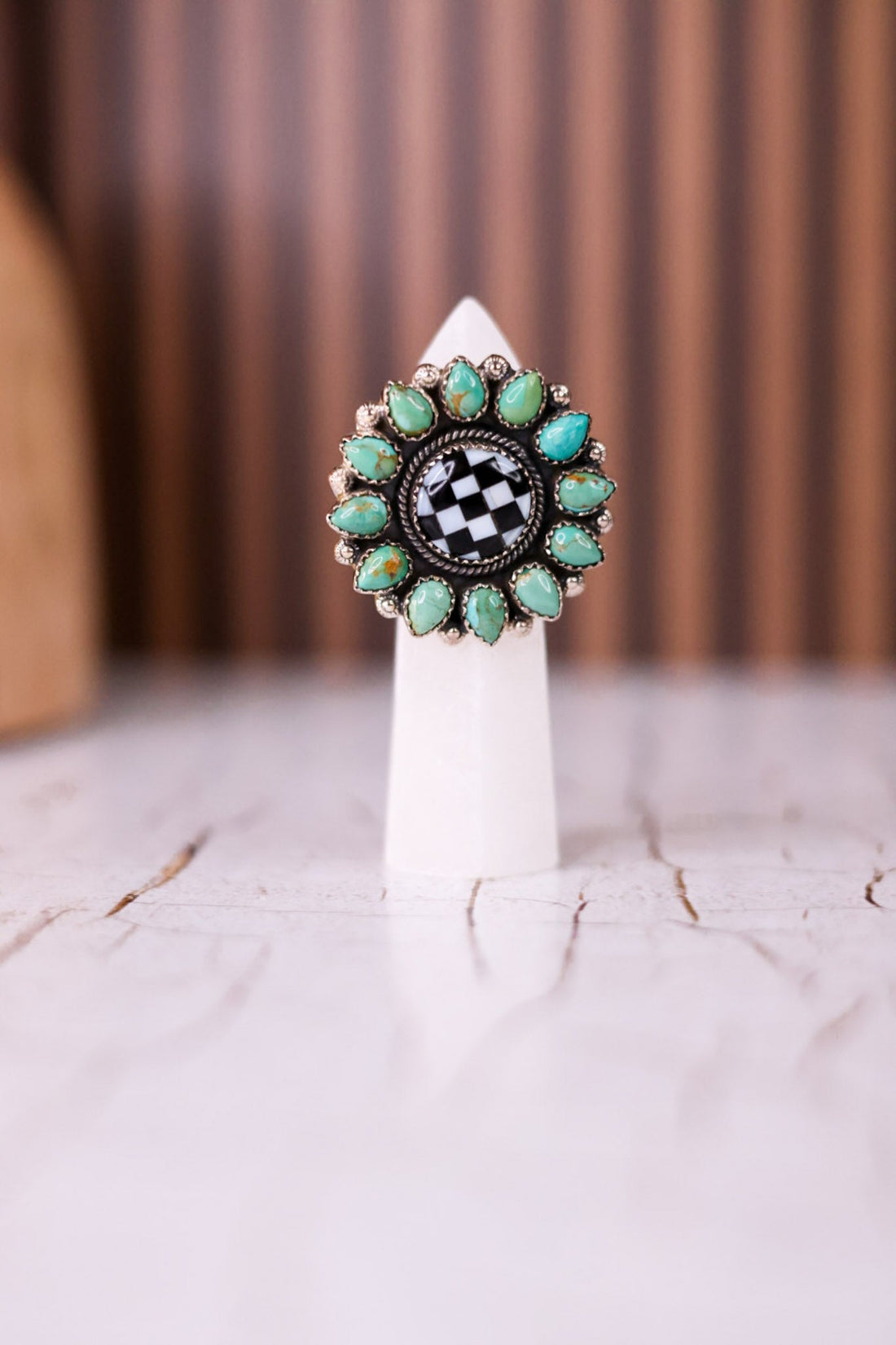 Turquoise & Checkered Sunflower Ring - Whiskey Skies - KRUSH KANDY