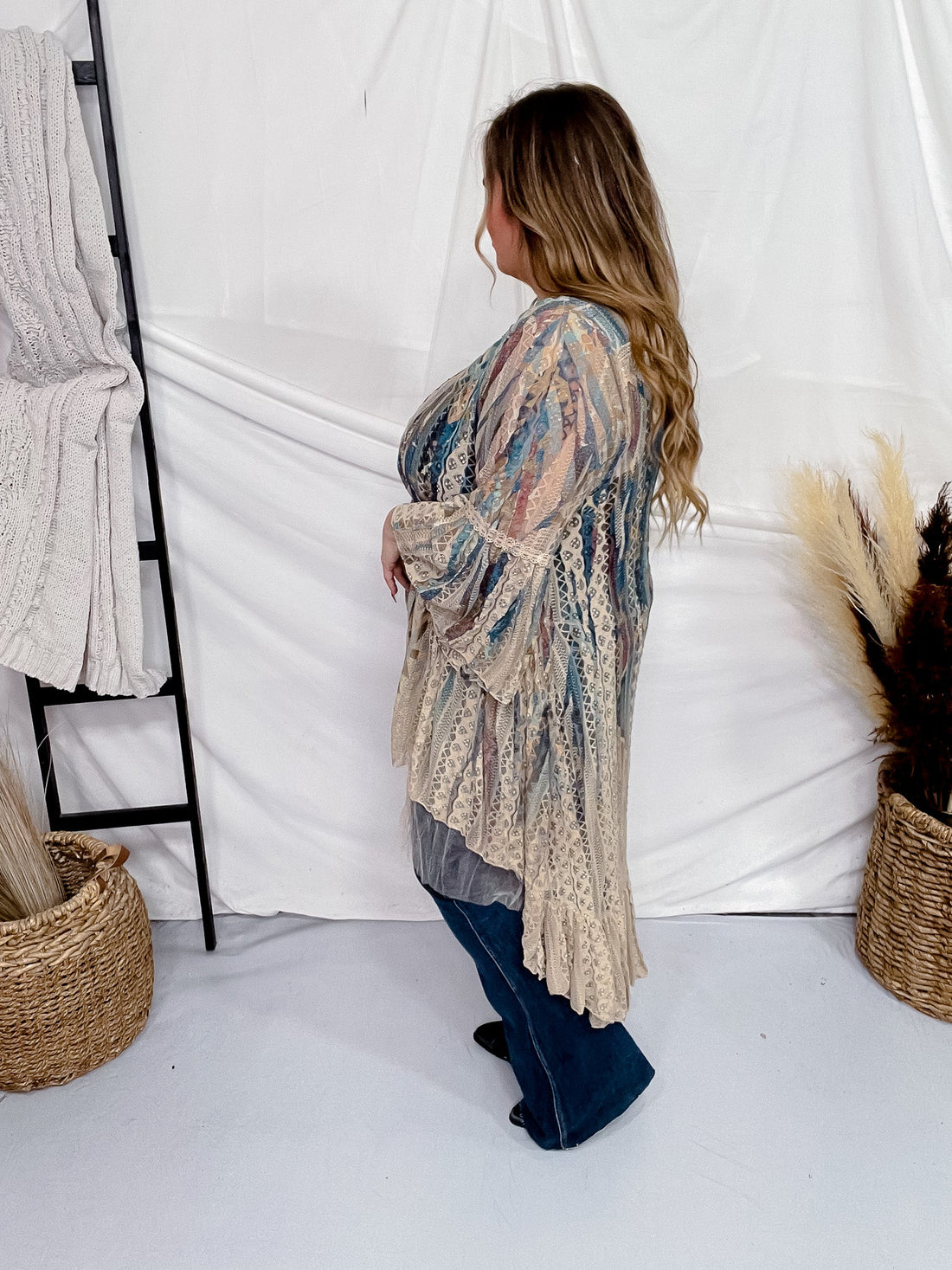 Turquoise Geometric Boho Lace Cardigan - Whiskey Skies - ORIGAMI APPAREL