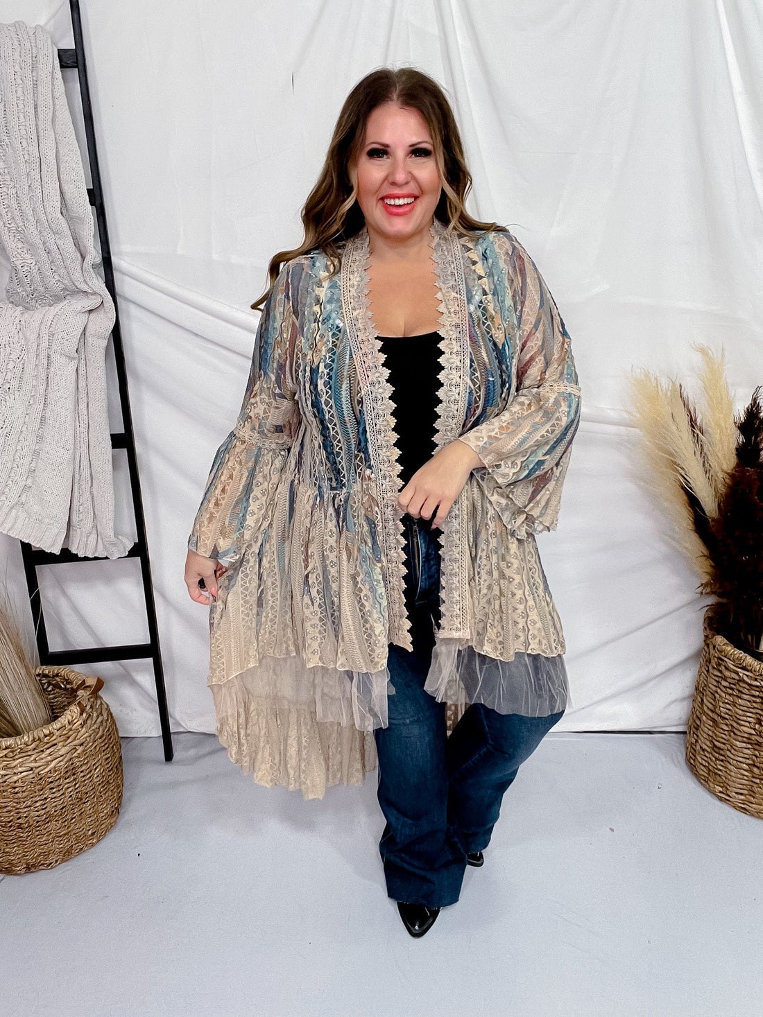 Turquoise Geometric Boho Lace Cardigan - Whiskey Skies - ORIGAMI APPAREL