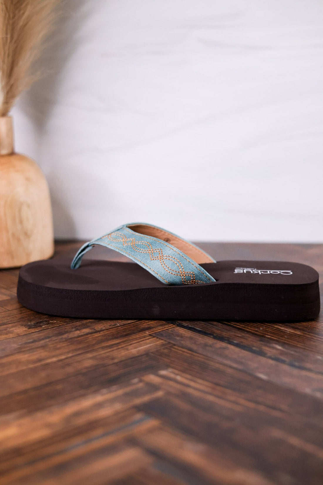 Turquoise Overboard Flip Flops With Embroidered Faux Leather Straps - Whiskey Skies - CORKYS FOOTWEAR