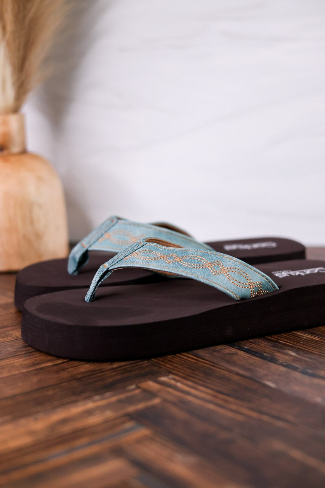 Turquoise Overboard Flip Flops With Embroidered Faux Leather Straps - Whiskey Skies - CORKYS FOOTWEAR