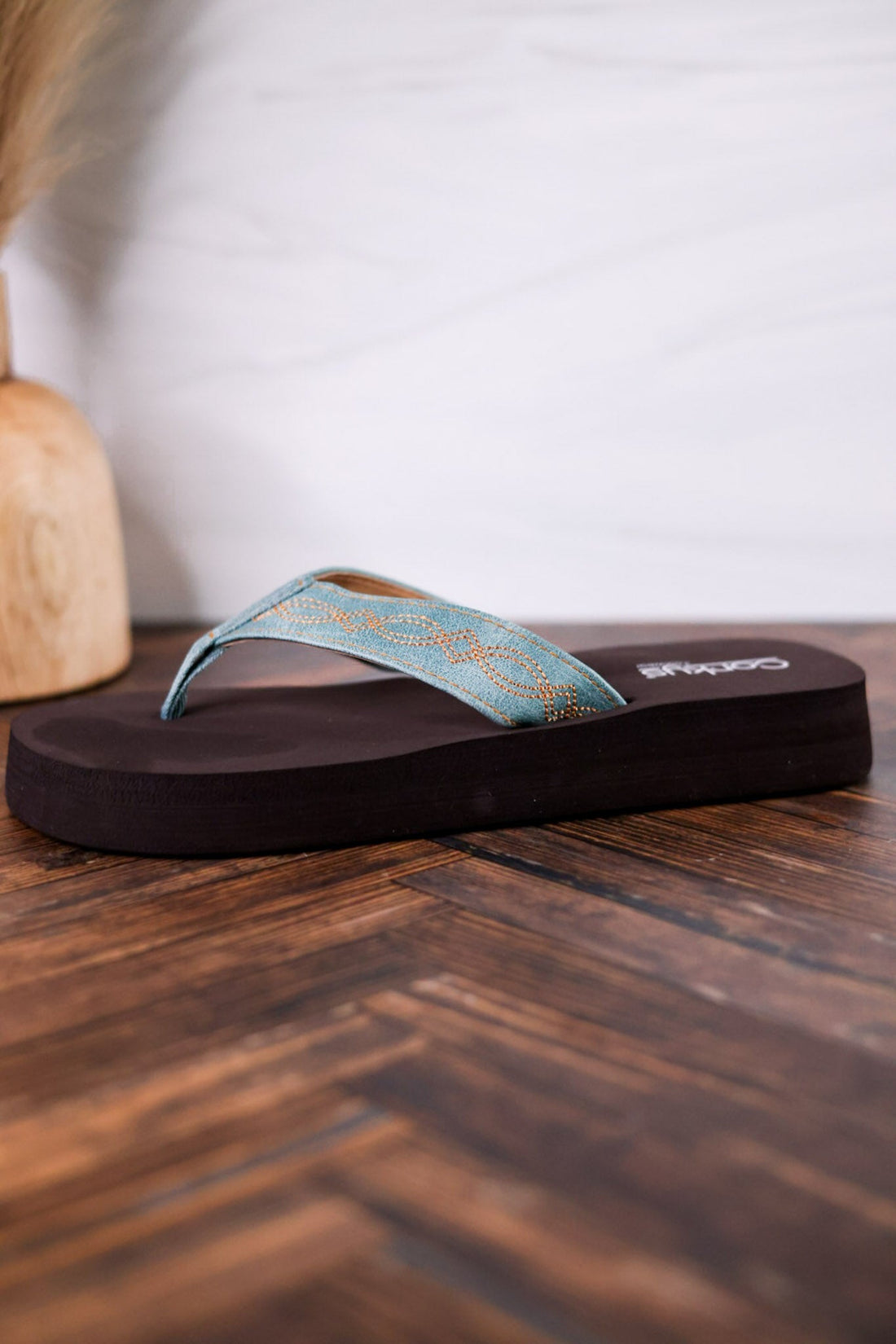 Turquoise Overboard Flip Flops With Embroidered Faux Leather Straps - Whiskey Skies - CORKYS FOOTWEAR