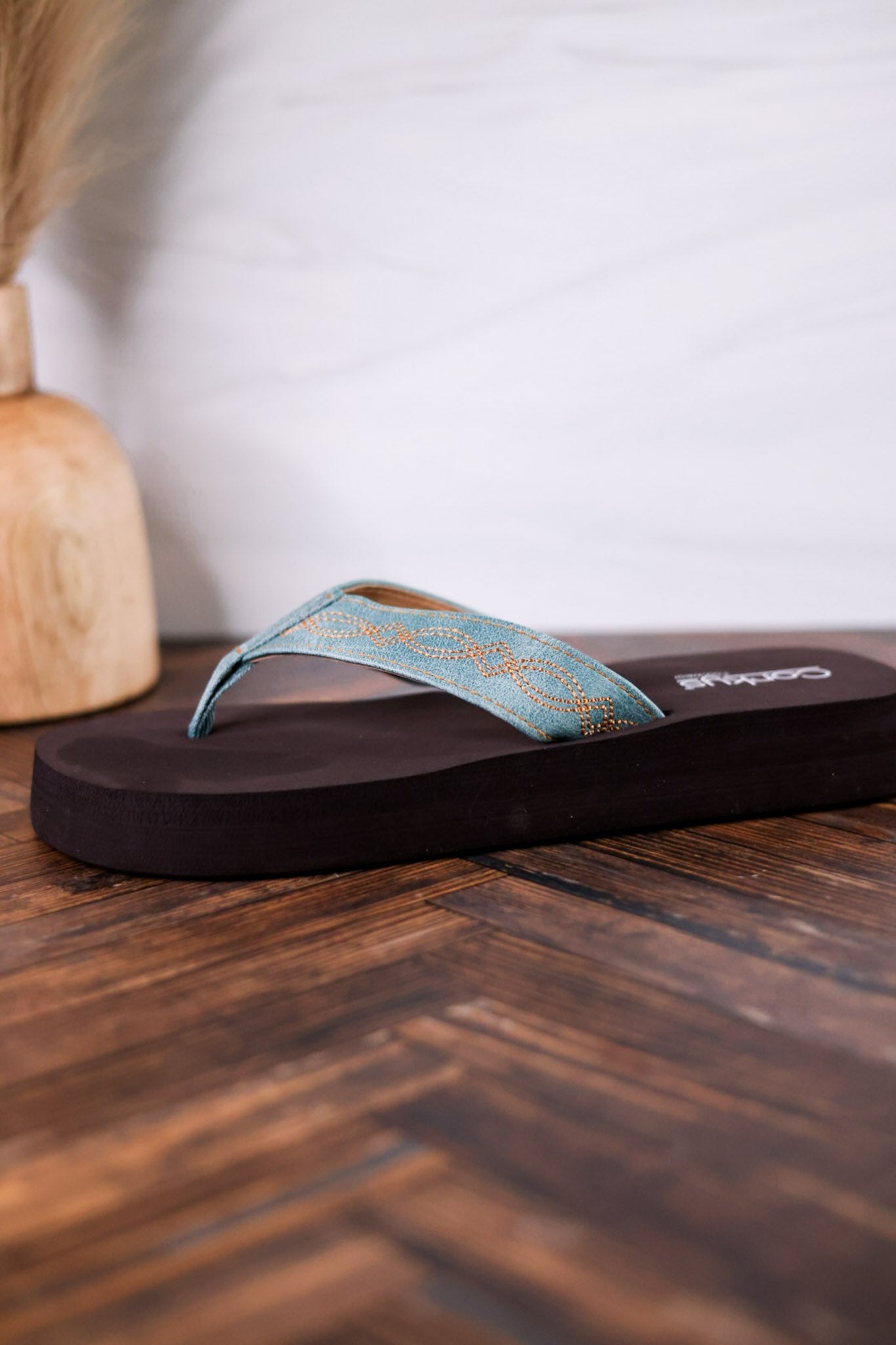 Turquoise Overboard Flip Flops With Embroidered Faux Leather Straps - Whiskey Skies - CORKYS FOOTWEAR