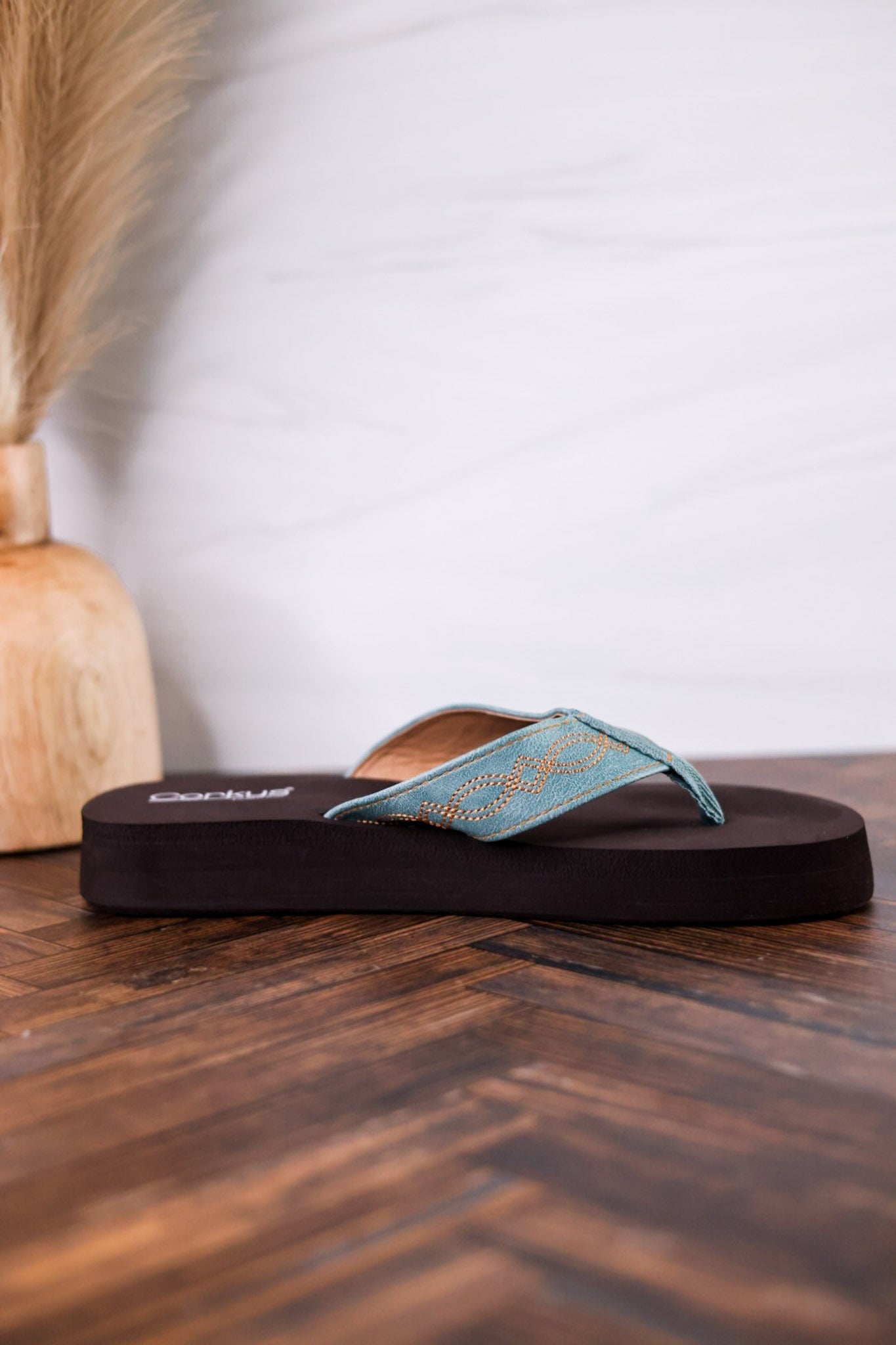 Turquoise Overboard Flip Flops With Embroidered Faux Leather Straps - Whiskey Skies - CORKYS FOOTWEAR