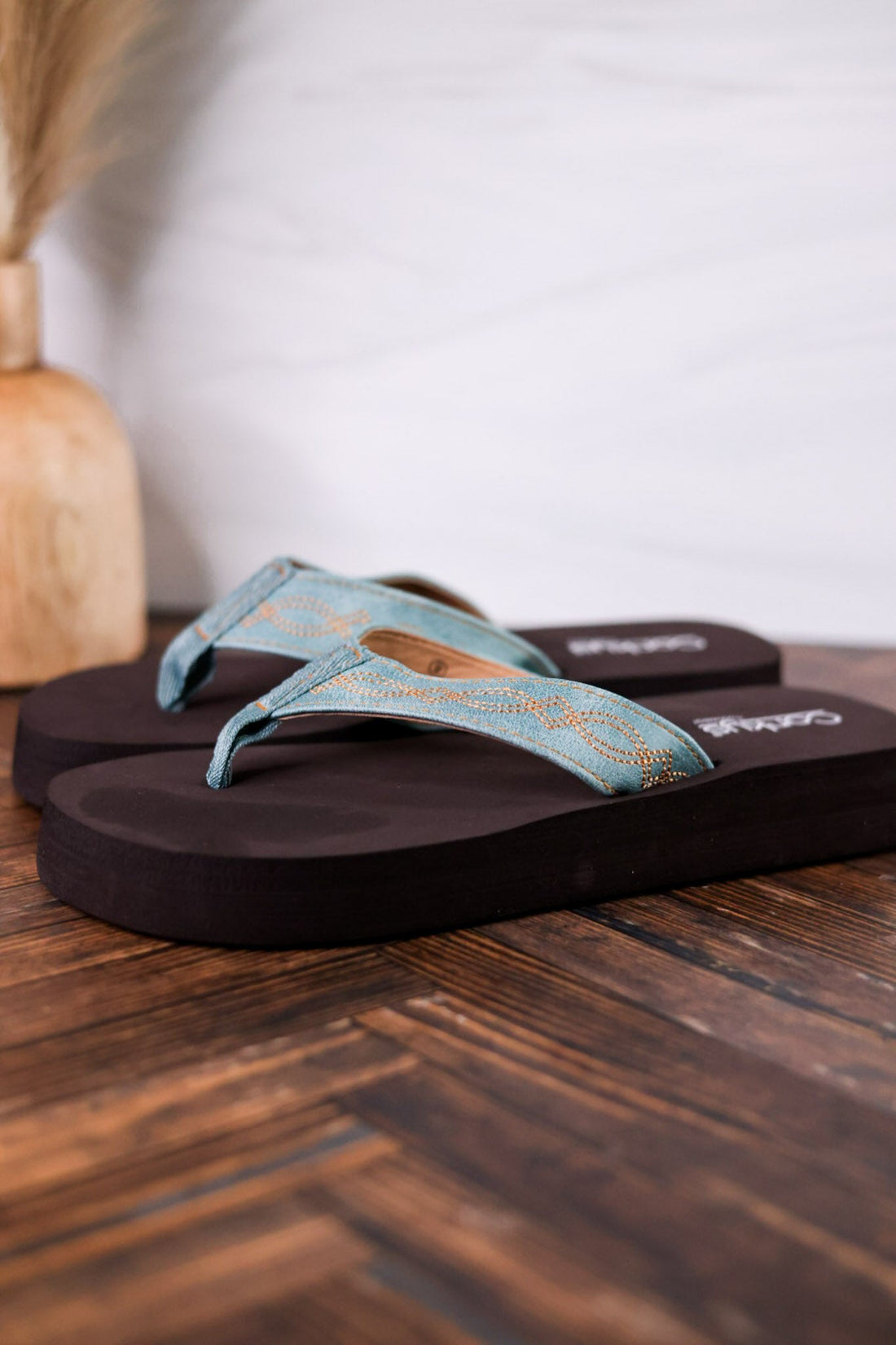 Turquoise Overboard Flip Flops With Embroidered Faux Leather Straps - Whiskey Skies - CORKYS FOOTWEAR