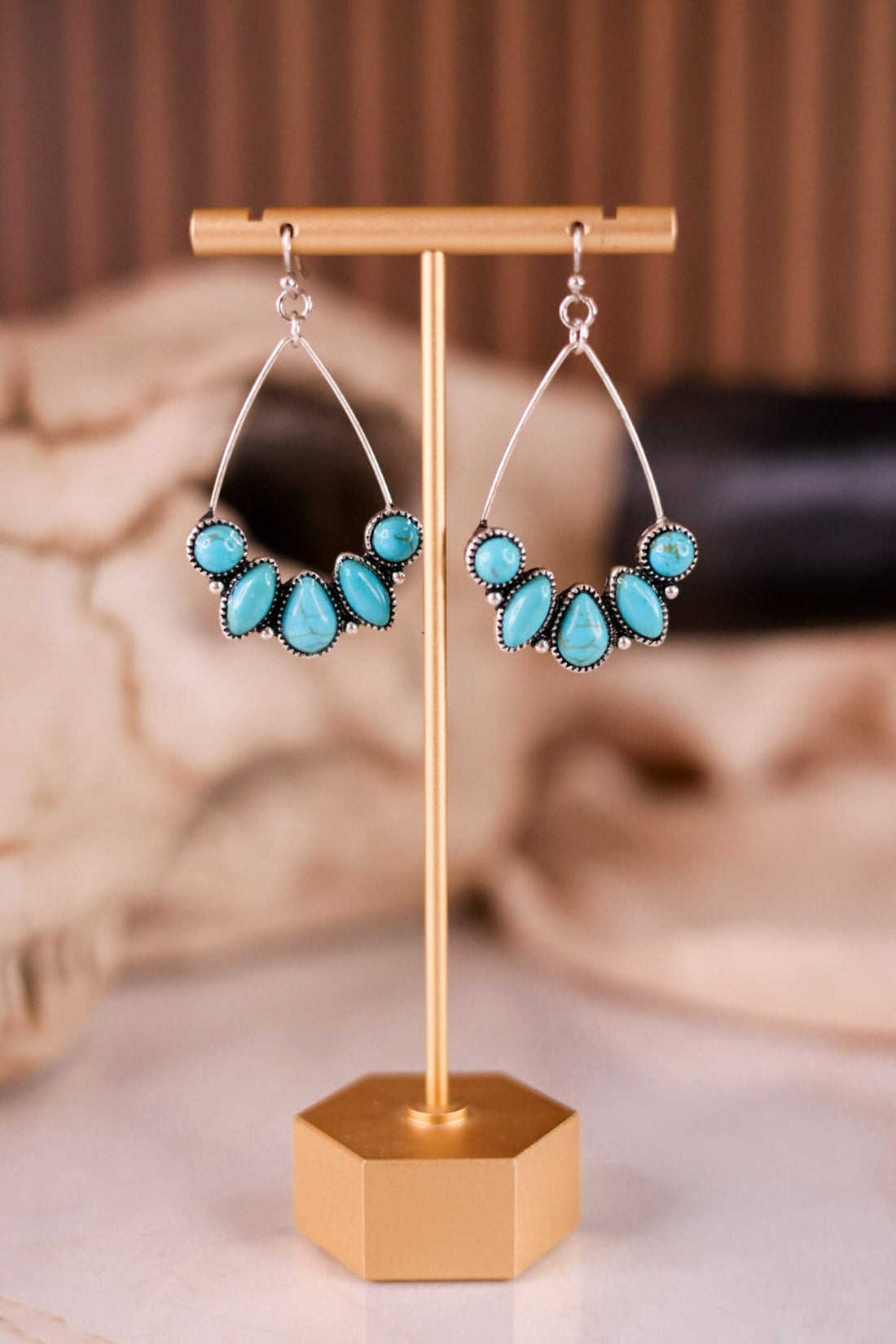 Turquoise Western Stone Teardrop Hoop Drop Dangle Earrings - Whiskey Skies - BOHO RANCH SHOP