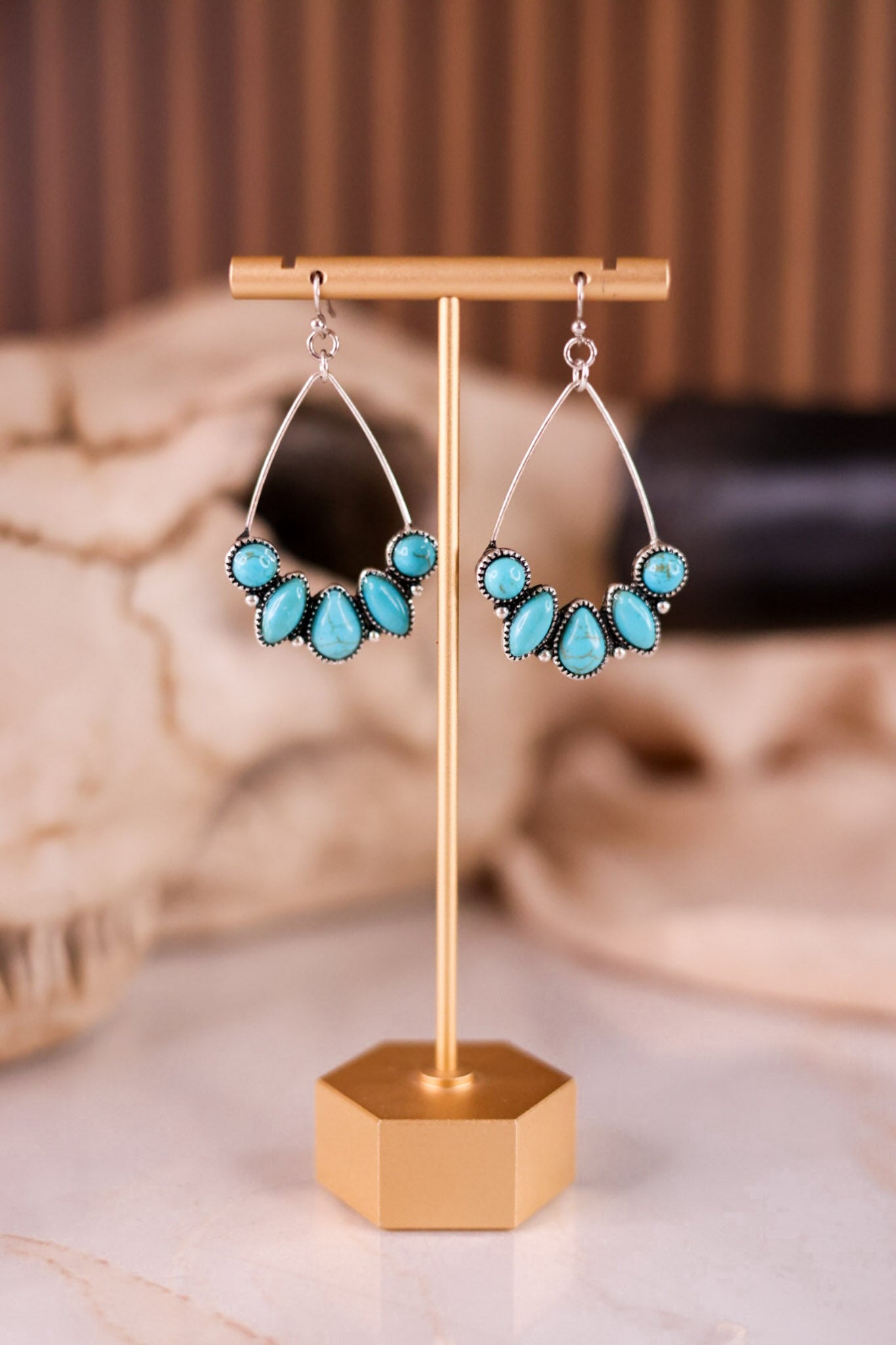 Turquoise Western Stone Teardrop Hoop Drop Dangle Earrings - Whiskey Skies - BOHO RANCH SHOP