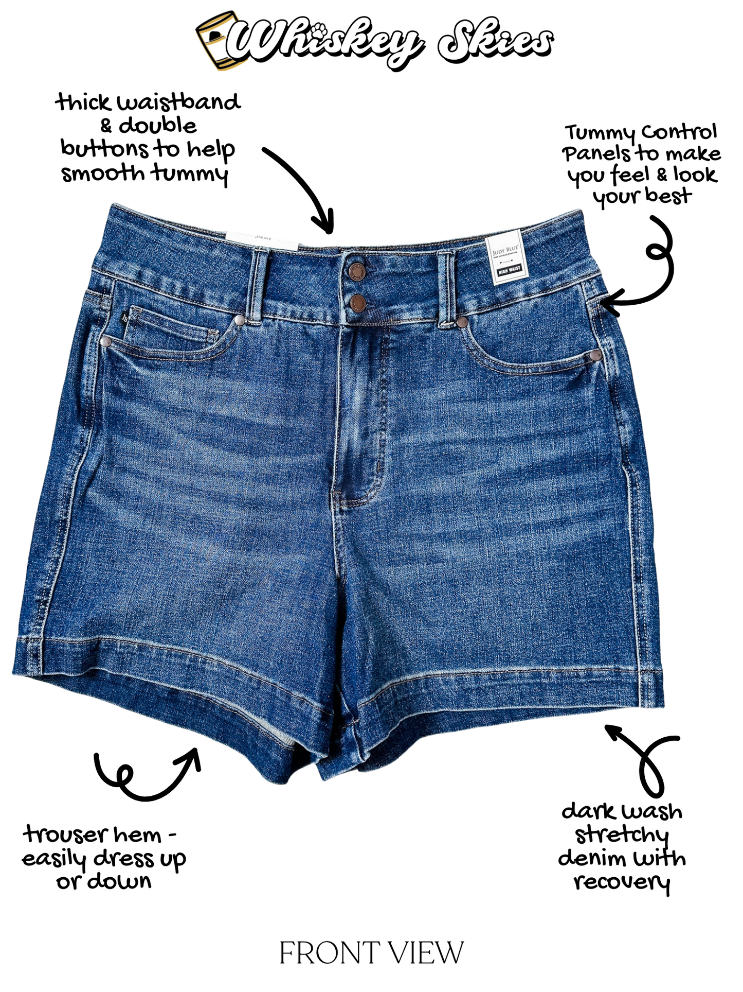 Front view of Judy Blue High Waist Tummy Control Slim Fit Double Button Shorts in dark wash stretchy denim with trouser hem