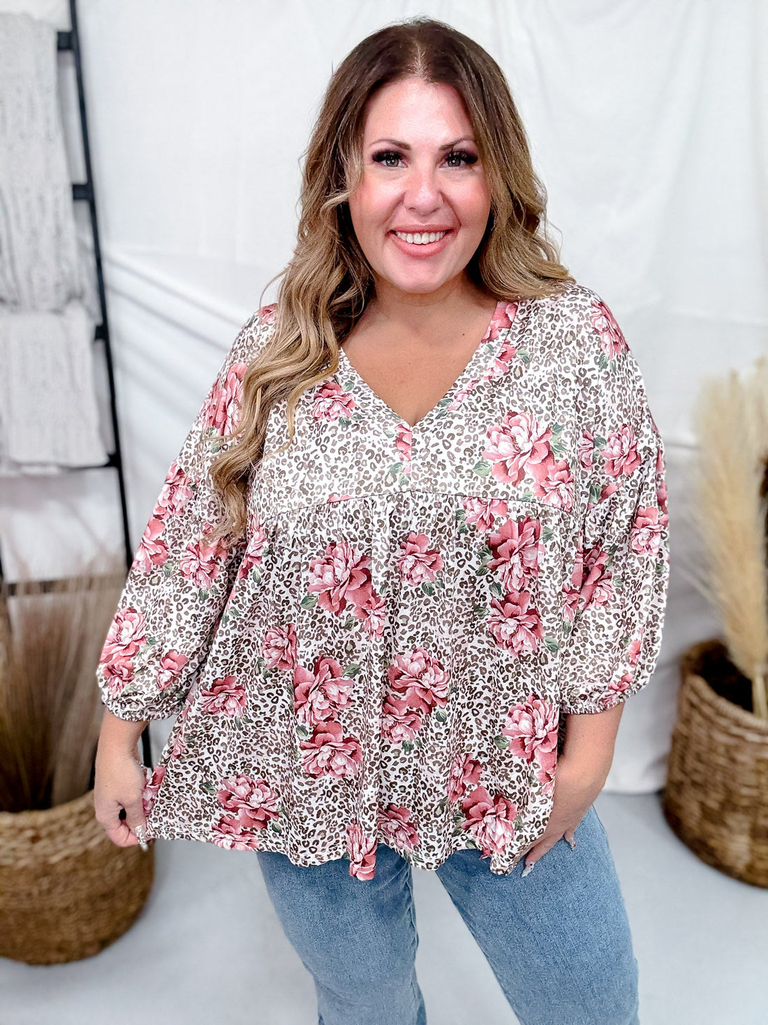 V - Neck Floral And Leopard Print Top With Balloon Sleeves - Whiskey Skies - ODDI