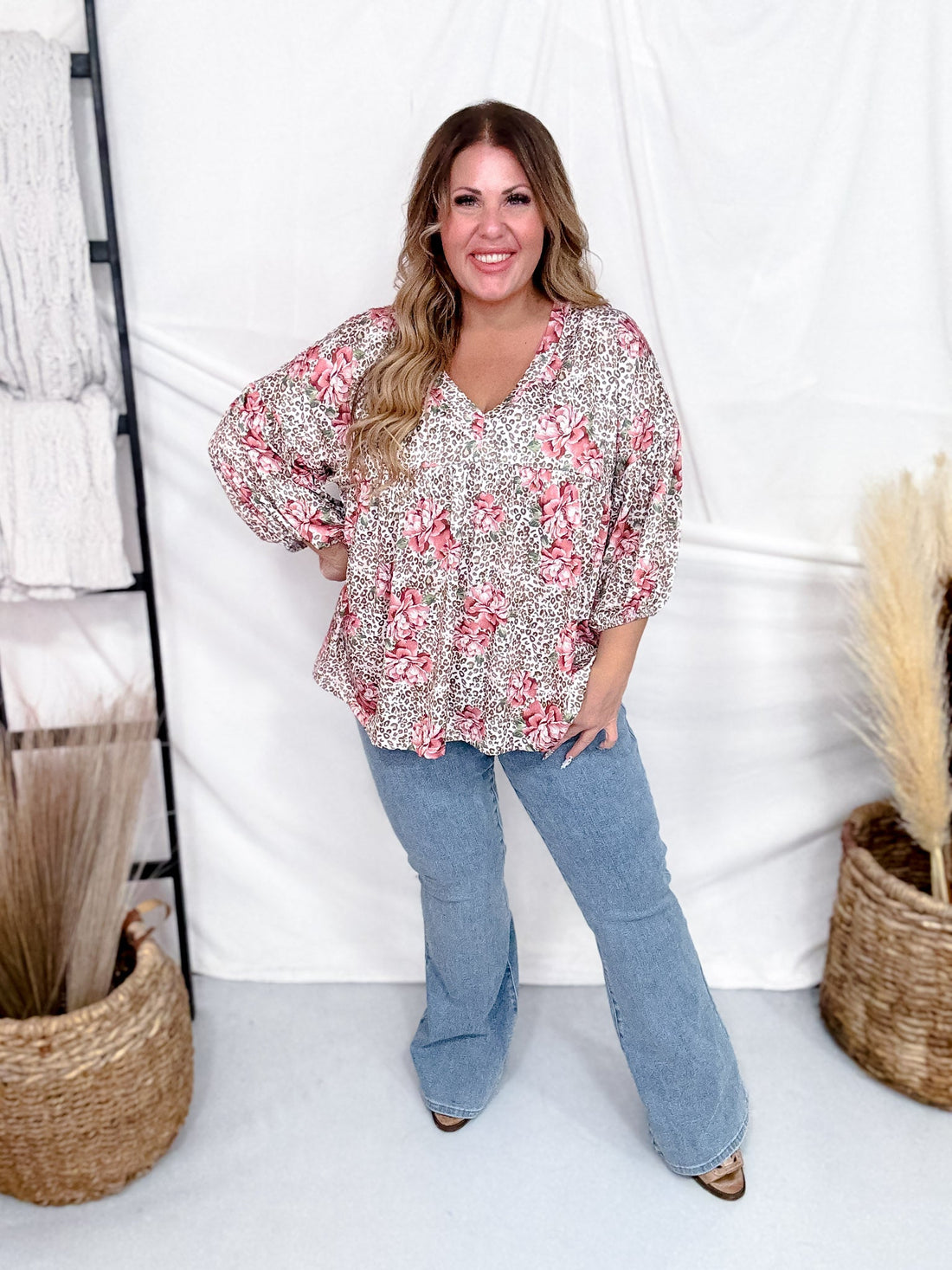 V - Neck Floral And Leopard Print Top With Balloon Sleeves - Whiskey Skies - ODDI