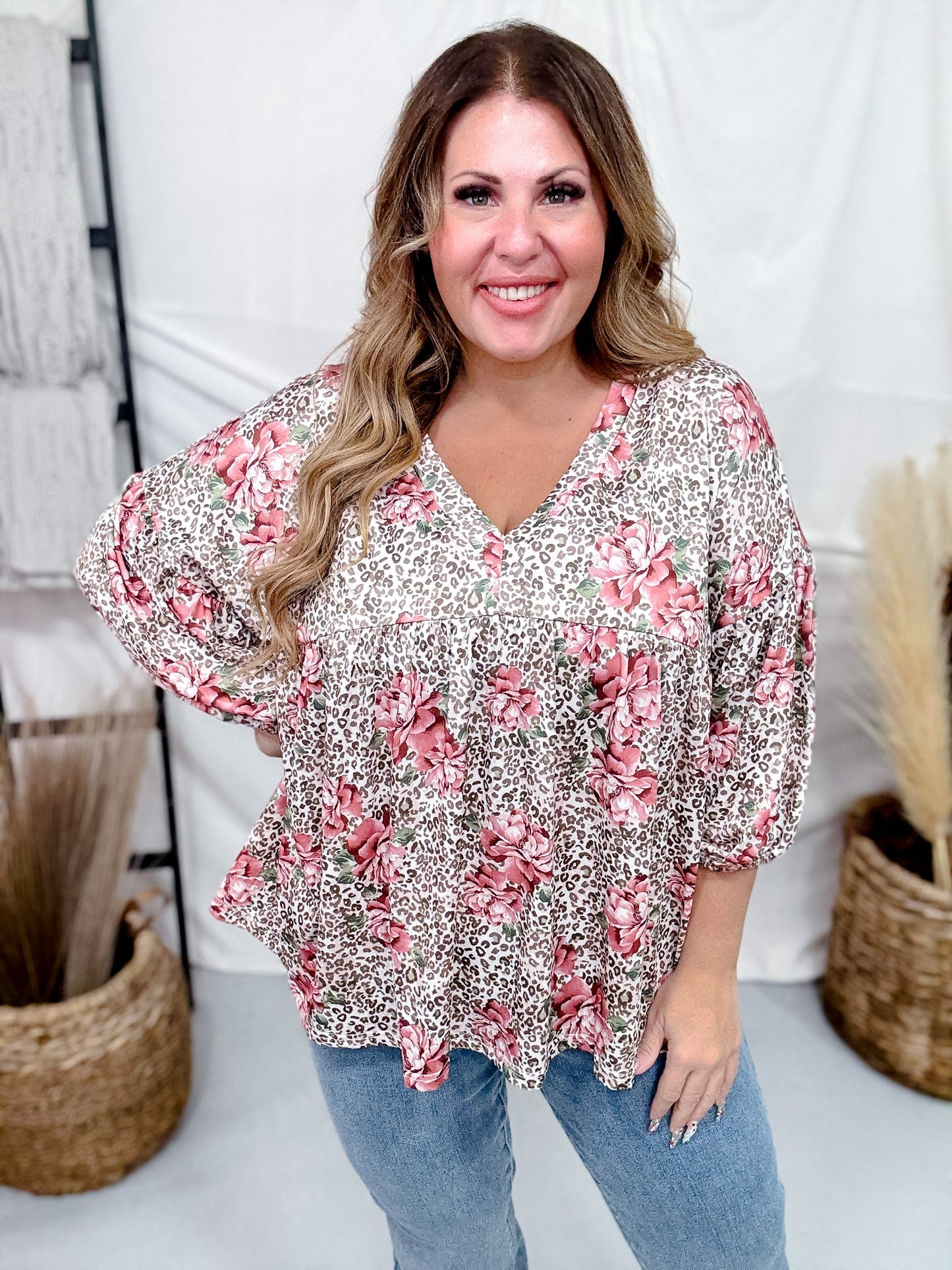V - Neck Floral And Leopard Print Top With Balloon Sleeves - Whiskey Skies - ODDI