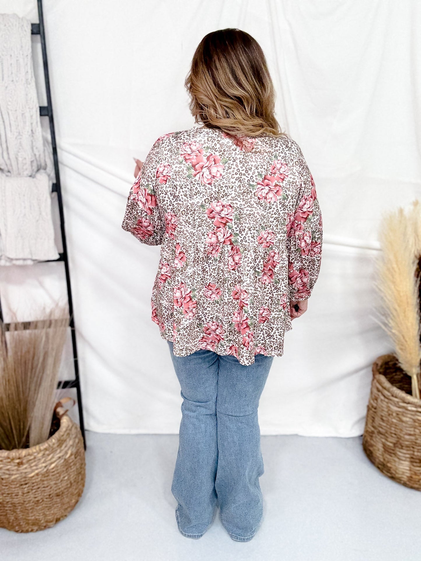 V - Neck Floral And Leopard Print Top With Balloon Sleeves - Whiskey Skies - ODDI