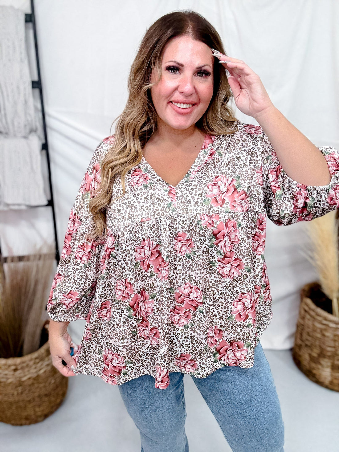 V - Neck Floral And Leopard Print Top With Balloon Sleeves - Whiskey Skies - ODDI