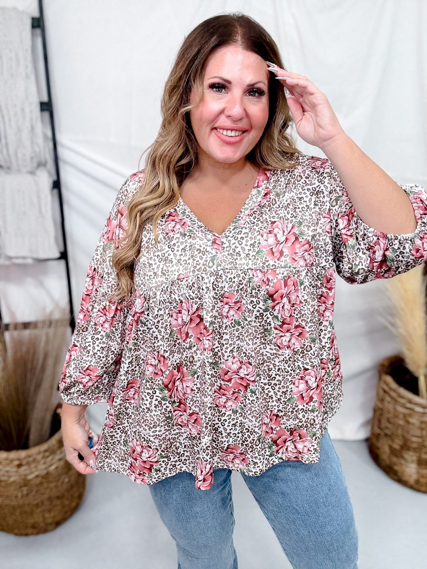 V - Neck Floral And Leopard Print Top With Balloon Sleeves - Whiskey Skies - ODDI
