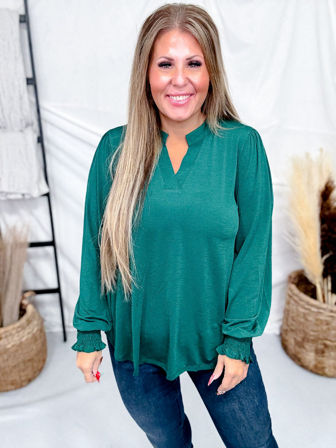 V - Neck Lizzy Top With Smocked Sleeves (4 Colors) - Whiskey Skies - DEAR SCARLETT