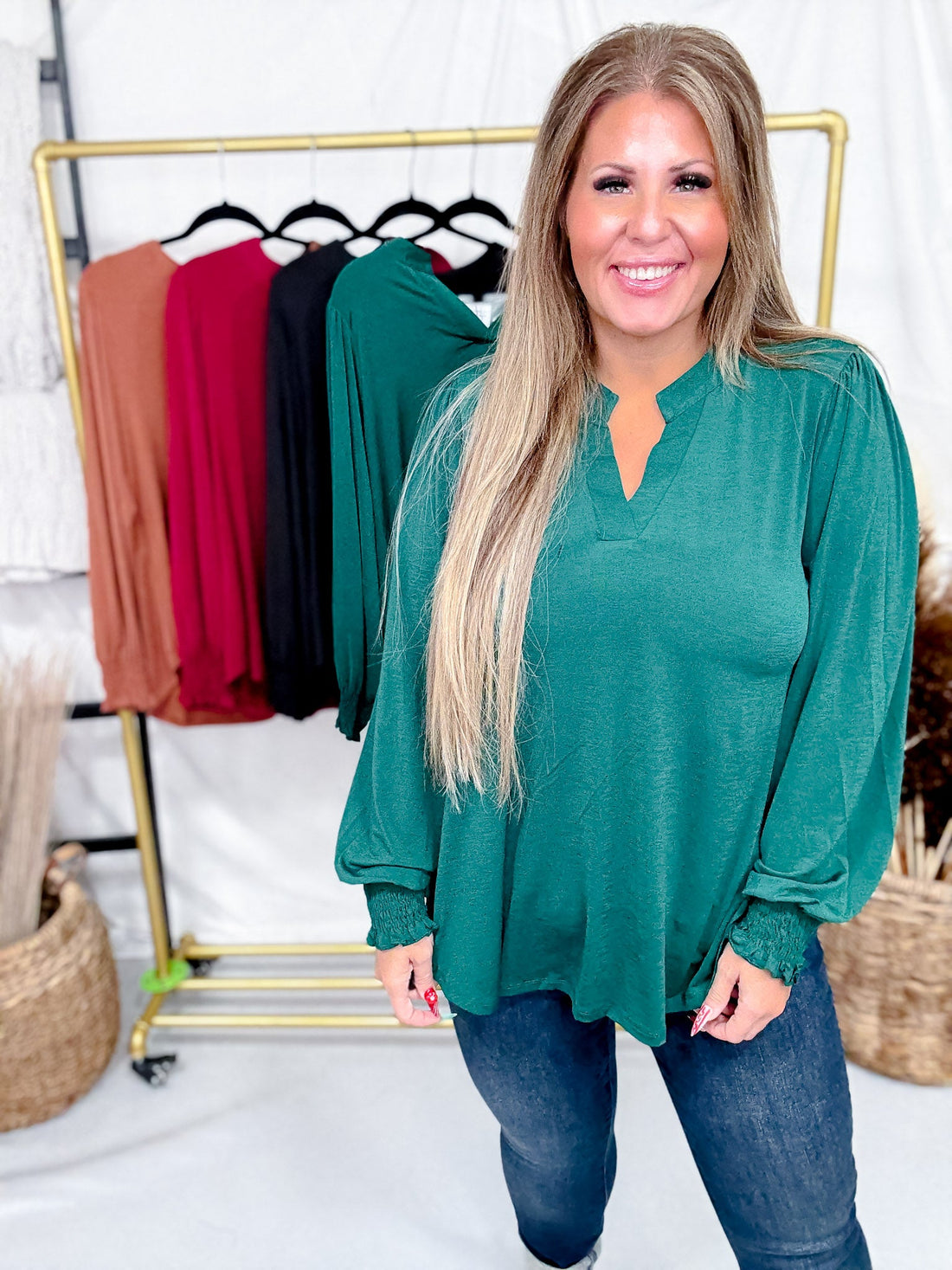 V - Neck Lizzy Top With Smocked Sleeves (4 Colors) - Whiskey Skies - DEAR SCARLETT