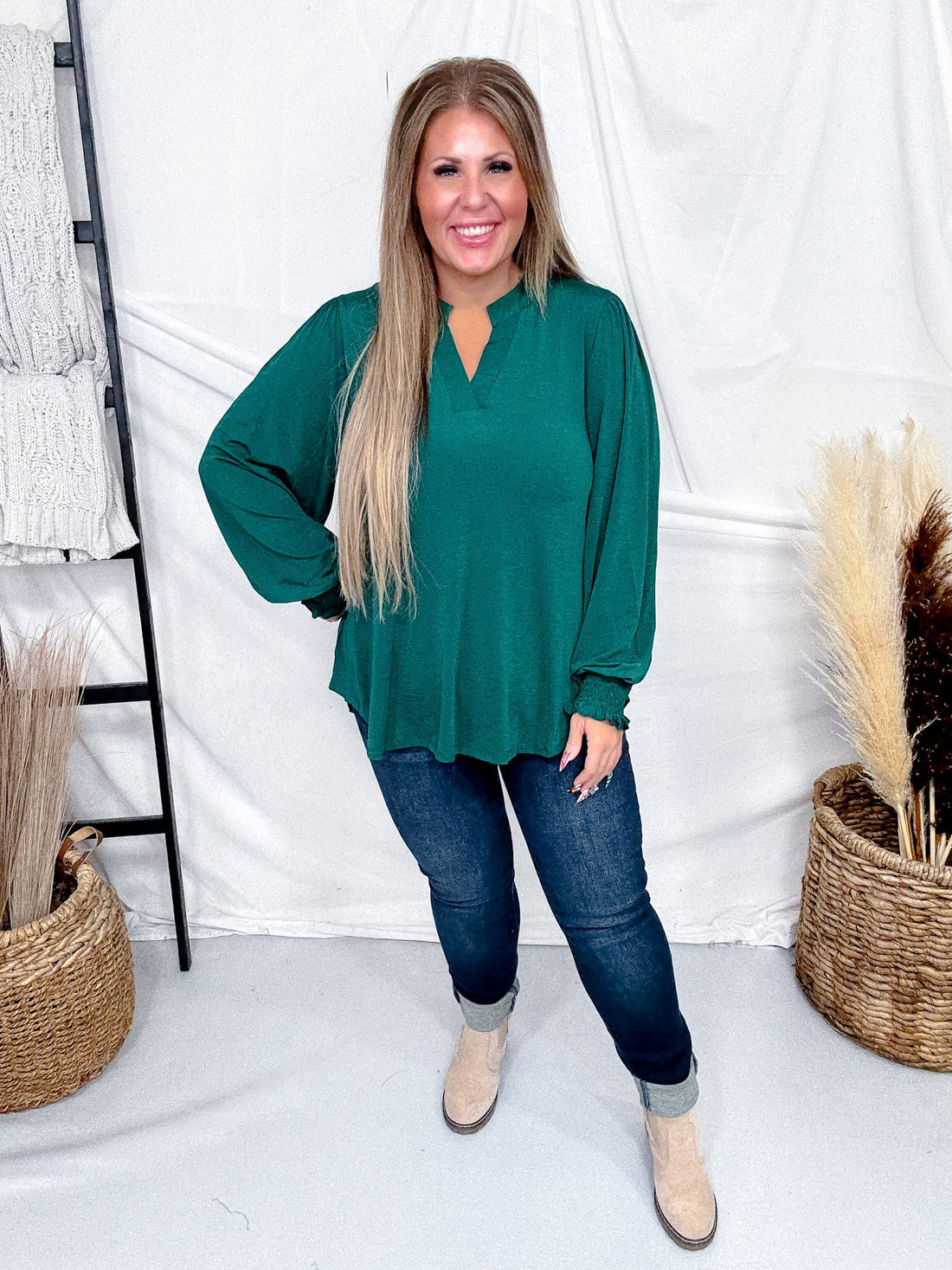 V - Neck Lizzy Top With Smocked Sleeves (4 Colors) - Whiskey Skies - DEAR SCARLETT