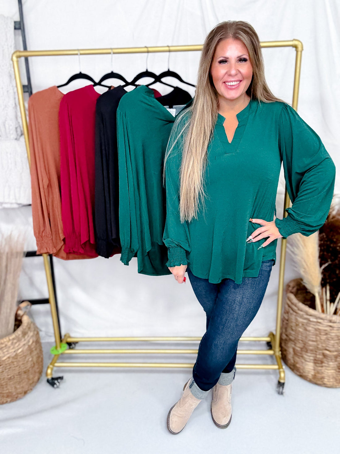 V - Neck Lizzy Top With Smocked Sleeves (4 Colors) - Whiskey Skies - DEAR SCARLETT
