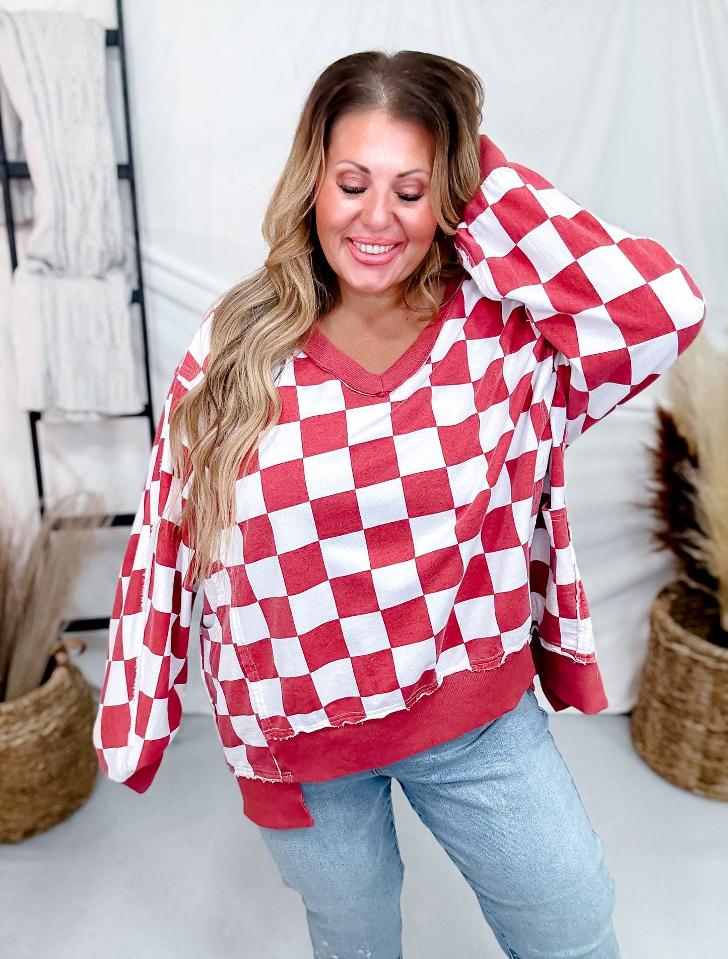 V - Neck Red And White Checkered Sweatshirt - Whiskey Skies - ODDI