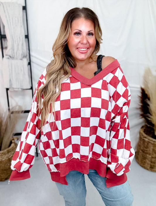 V - Neck Red And White Checkered Sweatshirt - Whiskey Skies - ODDI