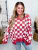 V - Neck Red And White Checkered Sweatshirt - Whiskey Skies - ODDI