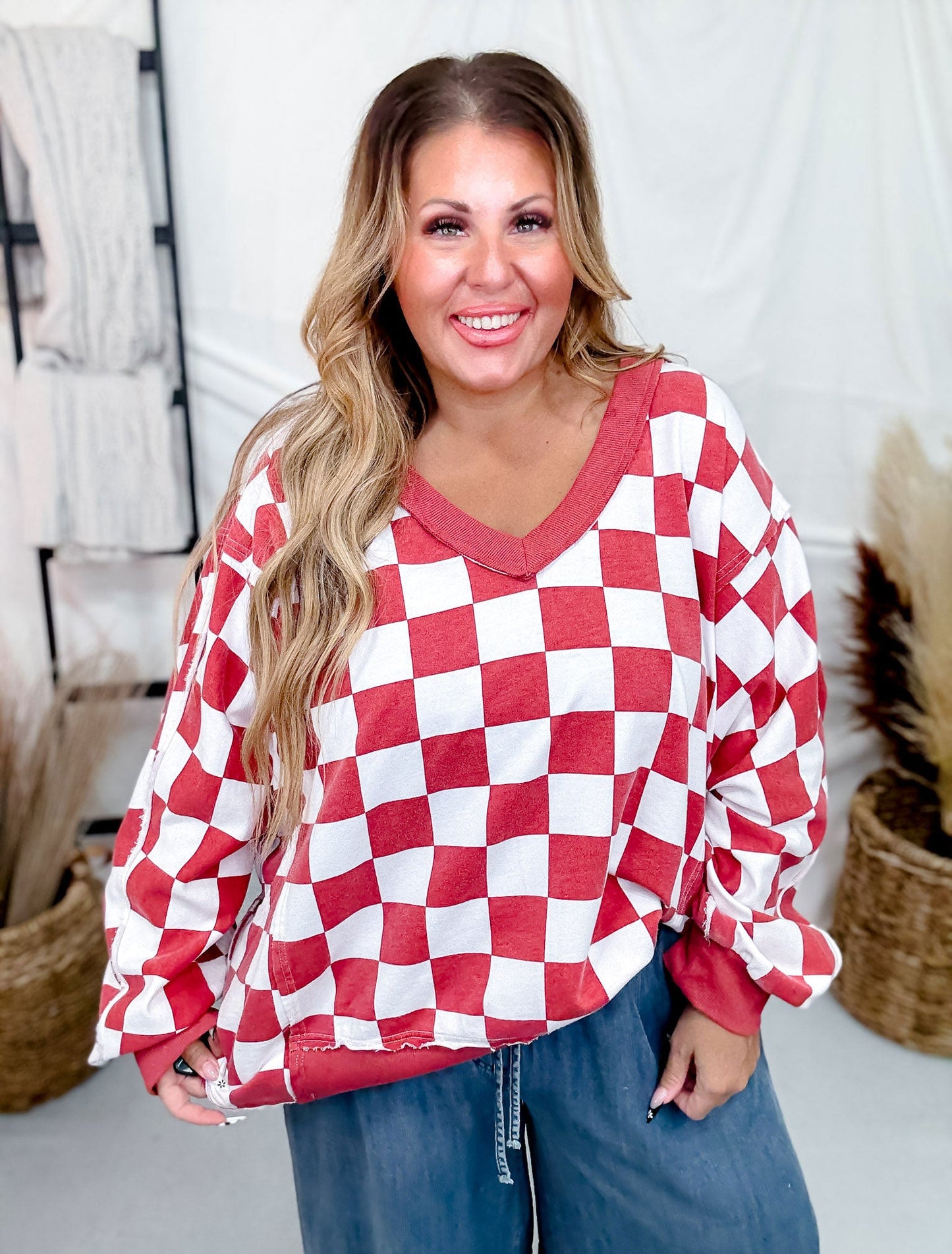 V - Neck Red And White Checkered Sweatshirt - Whiskey Skies - ODDI