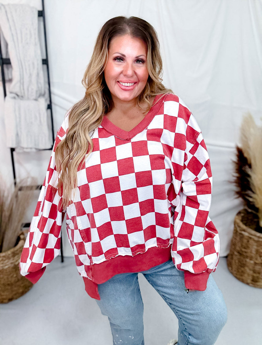 V - Neck Red And White Checkered Sweatshirt - Whiskey Skies - ODDI