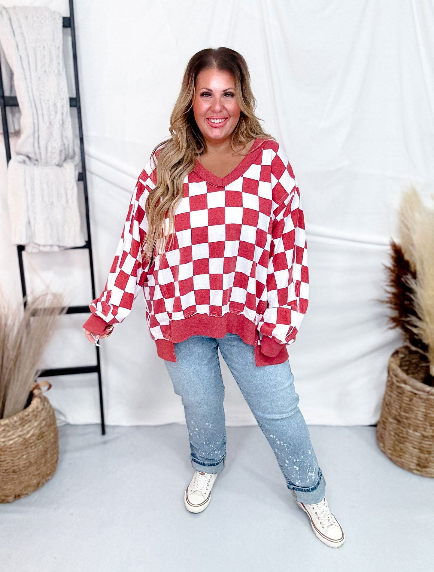 V - Neck Red And White Checkered Sweatshirt - Whiskey Skies - ODDI
