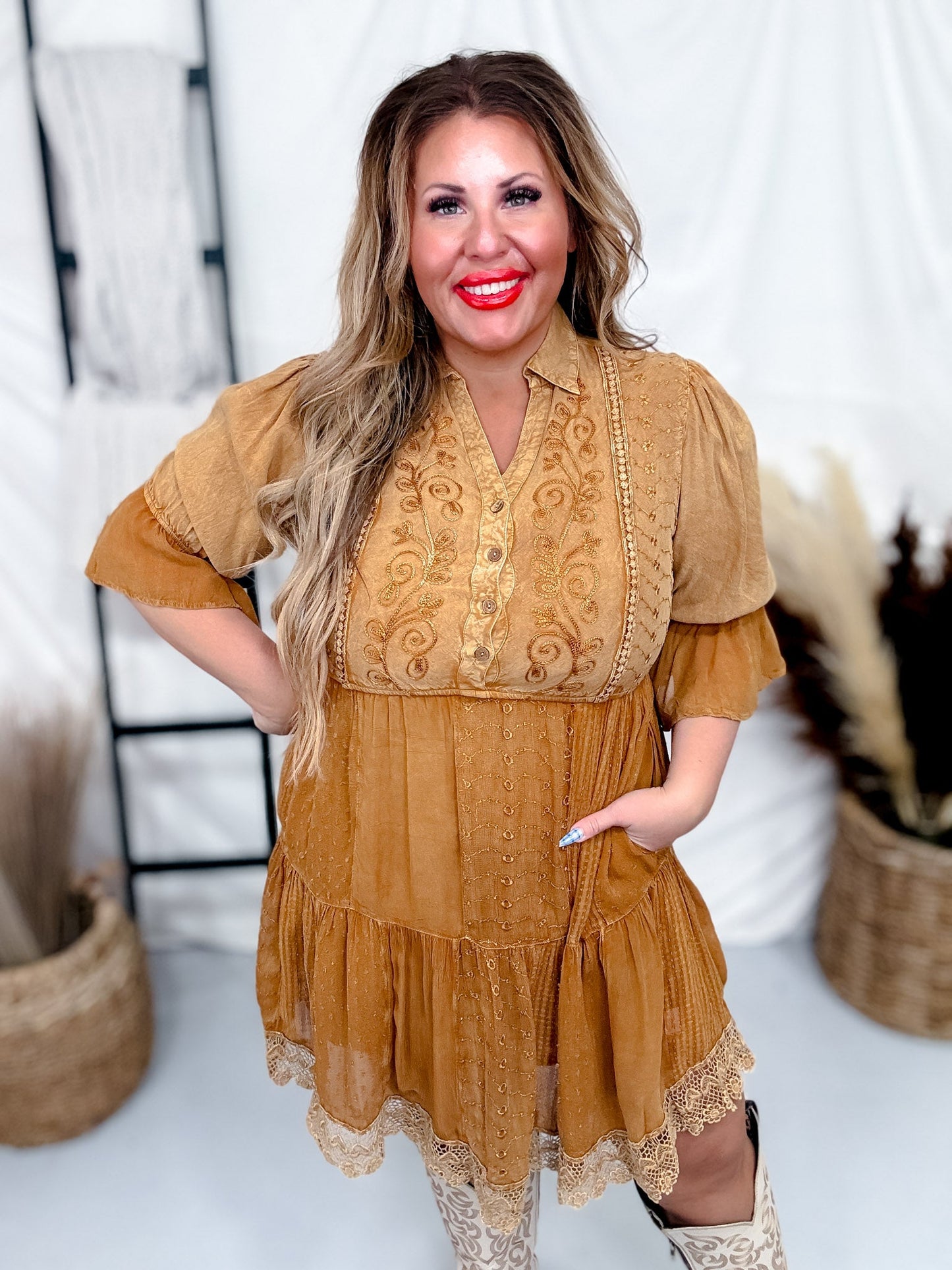 V - Neck Ruffle Baby Doll Dress in Camel Brown - Whiskey Skies - YOUNG THREADS