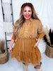 V - Neck Ruffle Baby Doll Dress in Camel Brown - Whiskey Skies - YOUNG THREADS