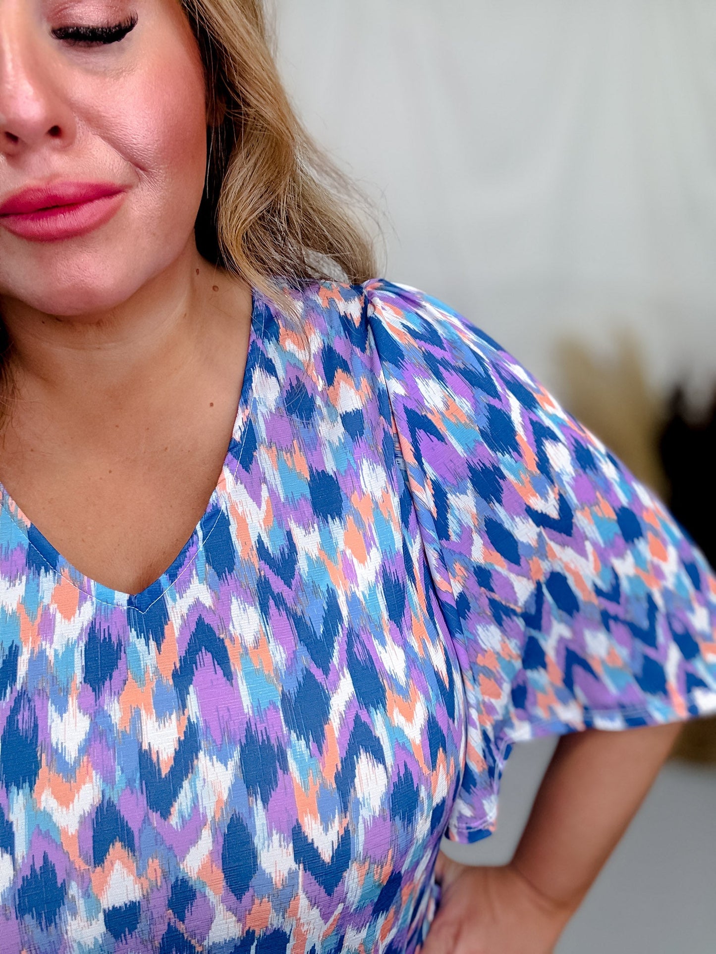 V - Neck Top with Half Bell Sleeves in Blue and Lavender - Whiskey Skies - DEAR SCARLETT